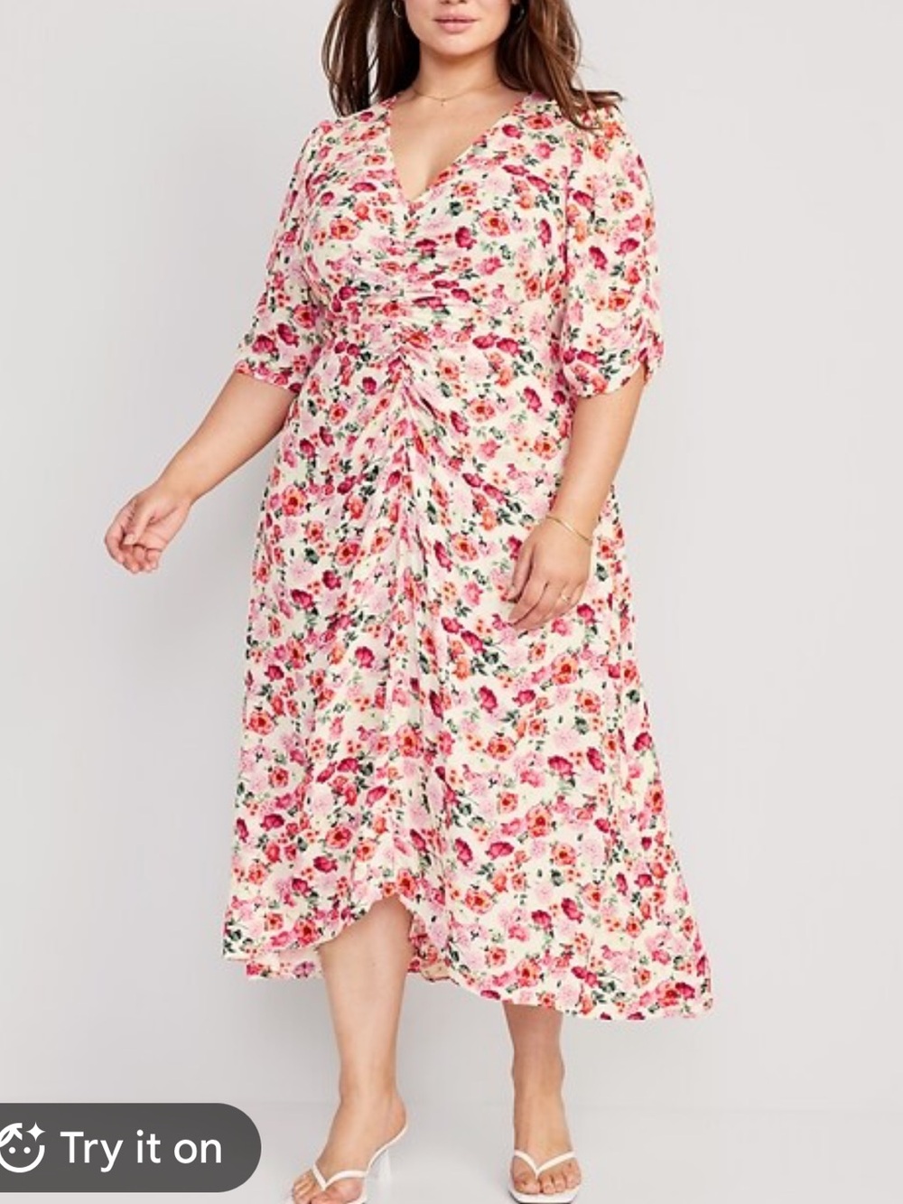 Old Navy Pink Floral Ruched V‑Neck Midi Dress